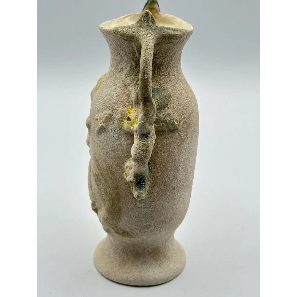 Vintage MAM Hand Signed Cherub Sand Textured Pottery Vase Cream Green 6in